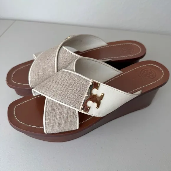 Tory Burch culver canvas linen leather crisscross wedge sandals 10