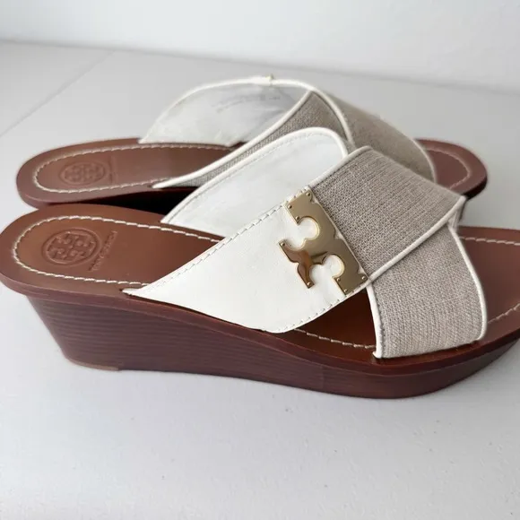 Tory Burch culver canvas linen leather crisscross wedge sandals 10
