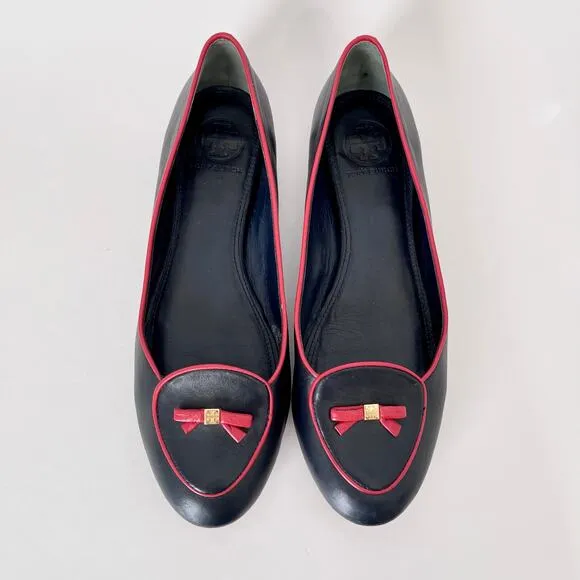 Tory Burch Dakota Bow Loafer Flats Navy Blue Red Leather Slip On Sz 9.5 Women’s