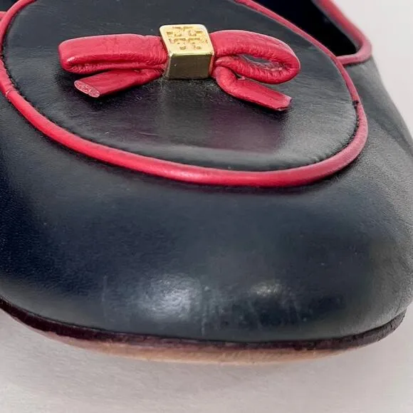 Tory Burch Dakota Bow Loafer Flats Navy Blue Red Leather Slip On Sz 9.5 Women’s