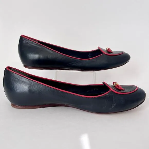 Tory Burch Dakota Bow Loafer Flats Navy Blue Red Leather Slip On Sz 9.5 Women’s
