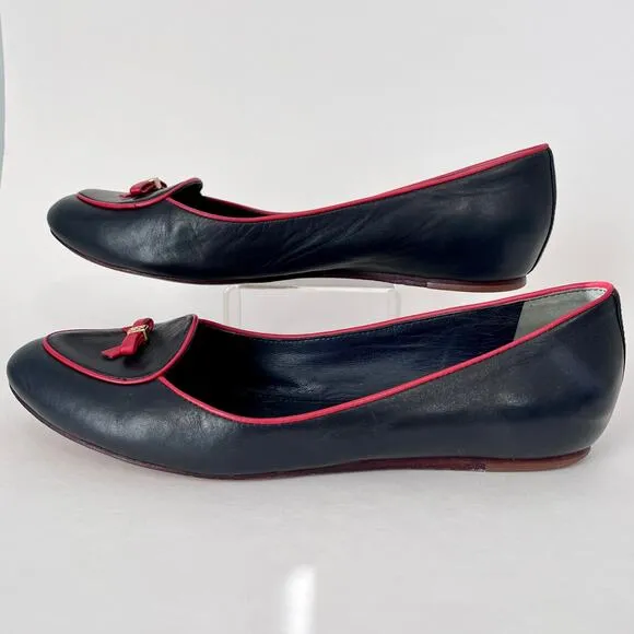 Tory Burch Dakota Bow Loafer Flats Navy Blue Red Leather Slip On Sz 9.5 Women’s