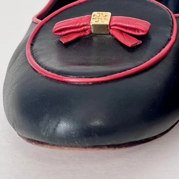 Tory Burch Dakota Bow Loafer Flats Navy Blue Red Leather Slip On Sz 9.5 Women’s