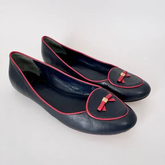 Tory Burch Dakota Bow Loafer Flats Navy Blue Red Leather Slip On Sz 9.5 Women’s