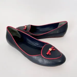 Tory Burch Dakota Bow Loafer Flats Navy Blue Red Leather Slip On Sz 9.5 Women’s