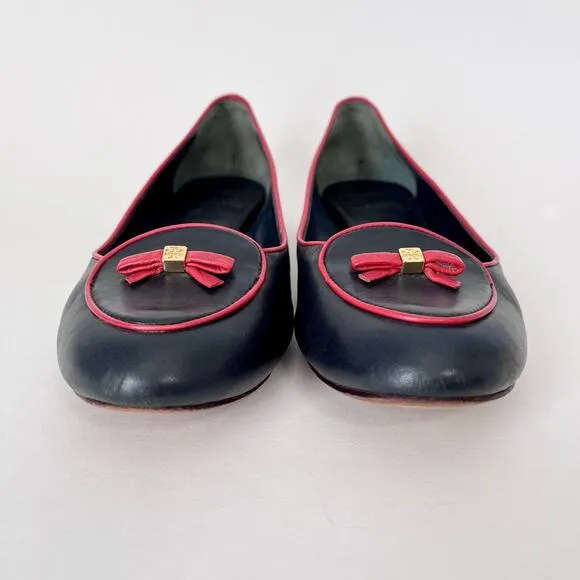 Tory Burch Dakota Bow Loafer Flats Navy Blue Red Leather Slip On Sz 9.5 Women’s