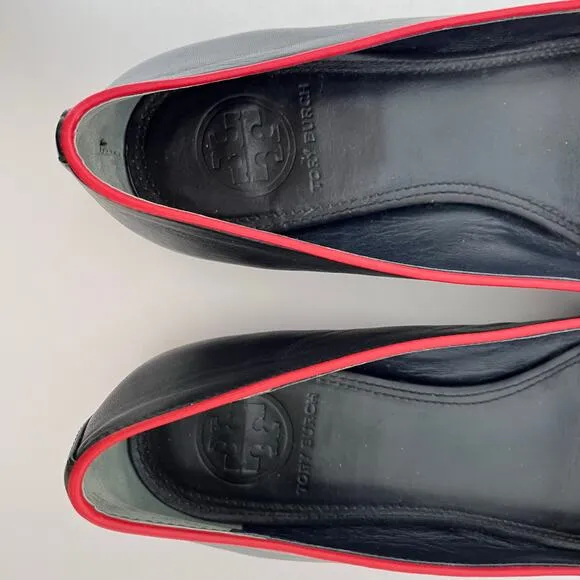 Tory Burch Dakota Bow Loafer Flats Navy Blue Red Leather Slip On Sz 9.5 Women’s