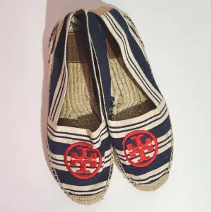 Tory burch flats espadrille canvas slip ons red logo striped