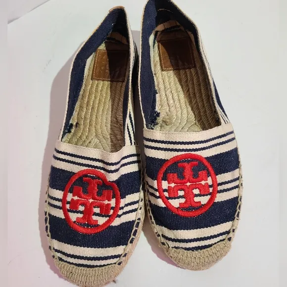 Tory burch flats espadrille canvas slip ons red logo striped