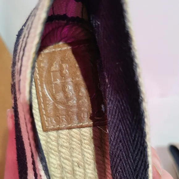 Tory burch flats espadrille canvas slip ons red logo striped