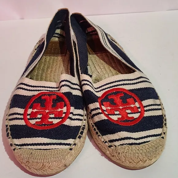 Tory burch flats espadrille canvas slip ons red logo striped
