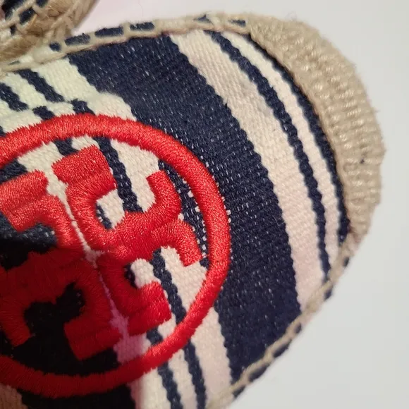 Tory burch flats espadrille canvas slip ons red logo striped