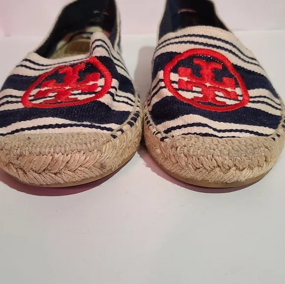 Tory burch flats espadrille canvas slip ons red logo striped