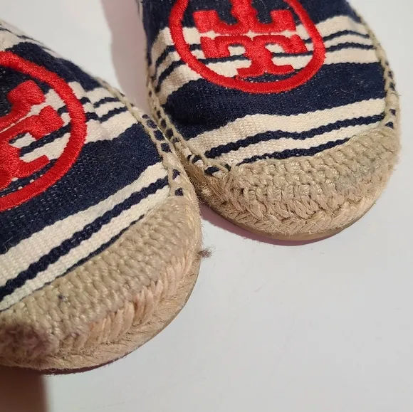 Tory burch flats espadrille canvas slip ons red logo striped