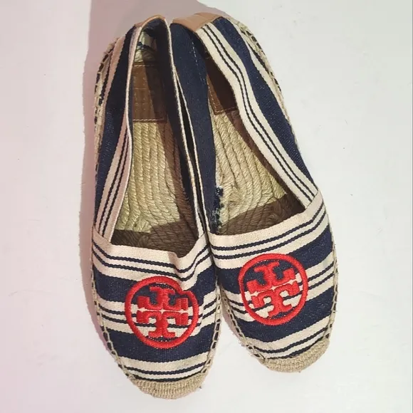 Tory burch flats espadrille canvas slip ons red logo striped
