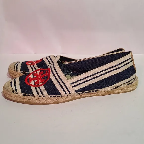Tory burch flats espadrille canvas slip ons red logo striped