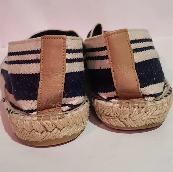Tory burch flats espadrille canvas slip ons red logo striped