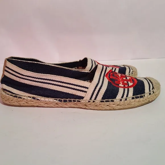 Tory burch flats espadrille canvas slip ons red logo striped