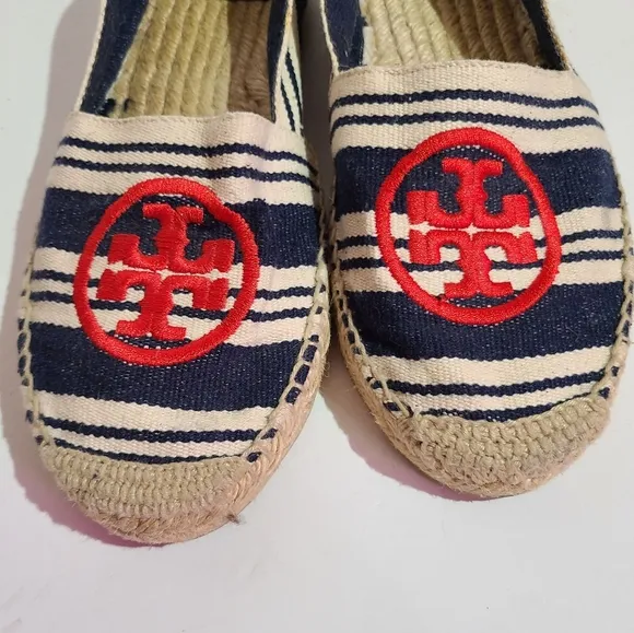Tory burch flats espadrille canvas slip ons red logo striped