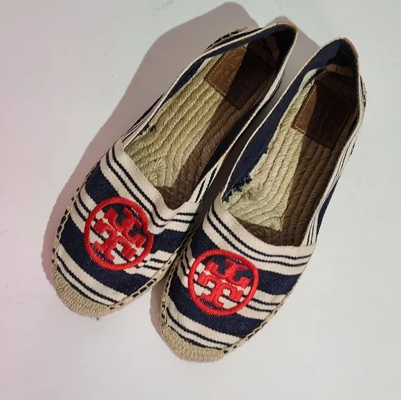 Tory burch flats espadrille canvas slip ons red logo striped
