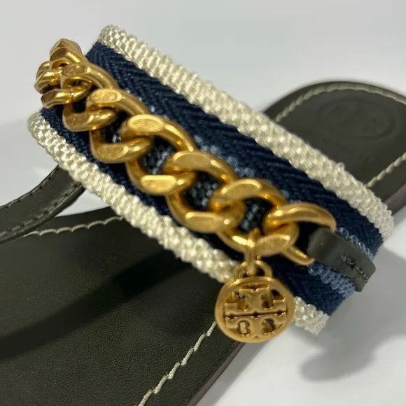 Tory Burch Jessa Thong Sandal Gold Horse-Head Hardware Black/Blue Leather Sz.5.5