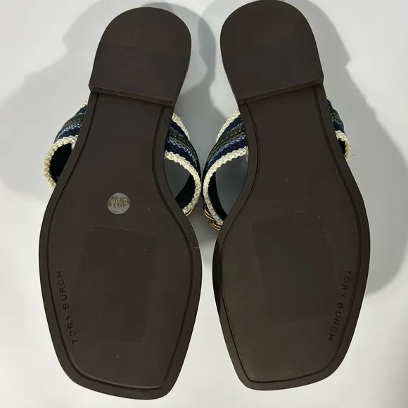 Tory Burch Jessa Thong Sandal Gold Horse-Head Hardware Black/Blue Leather Sz.5.5
