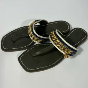 Tory Burch Jessa Thong Sandal Gold Horse-Head Hardware Black/Blue Leather Sz.5.5