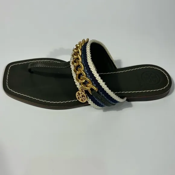 Tory Burch Jessa Thong Sandal Gold Horse-Head Hardware Black/Blue Leather Sz.5.5