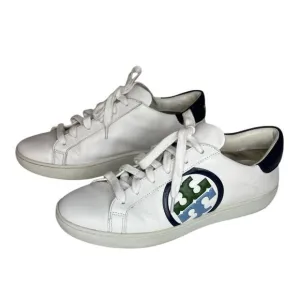 Tory Burch Leigh Court Sneaker Women Size 9White Leather Blue Logo causal