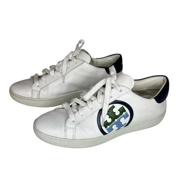 Tory Burch Leigh Court Sneaker Women Size 9White Leather Blue Logo causal