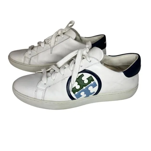Tory Burch Leigh Court Sneaker Women Size 9White Leather Blue Logo causal