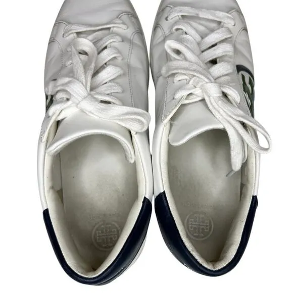 Tory Burch Leigh Court Sneaker Women Size 9White Leather Blue Logo causal