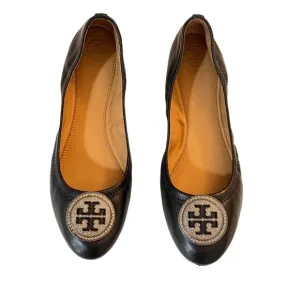 Tory Burch Liana Embellished Ballet Flats Black Leather Size 9 Rhineston…