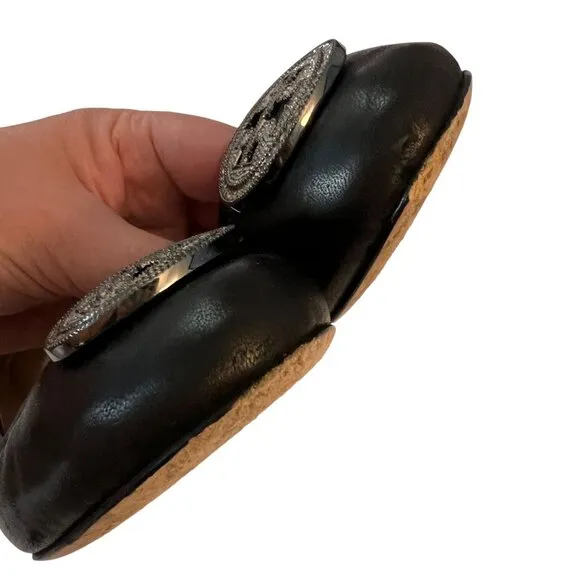 Tory Burch Liana Embellished Ballet Flats Black Leather Size 9 Rhineston…