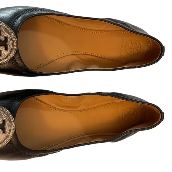 Tory Burch Liana Embellished Ballet Flats Black Leather Size 9 Rhineston…