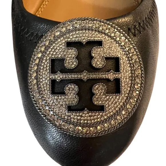Tory Burch Liana Embellished Ballet Flats Black Leather Size 9 Rhineston…