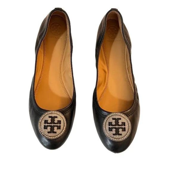 Tory Burch Liana Embellished Ballet Flats Black Leather Size 9 Rhineston…