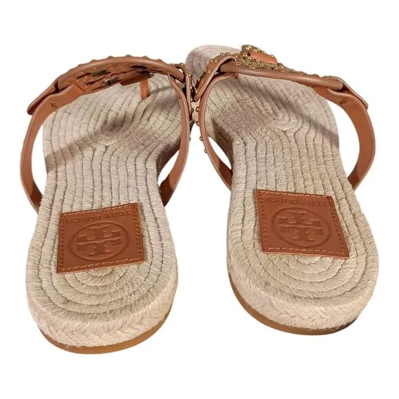 Tory Burch Miller Studded Espadrilles Tan Leather Gold Sandal Flat Flip Flop 8