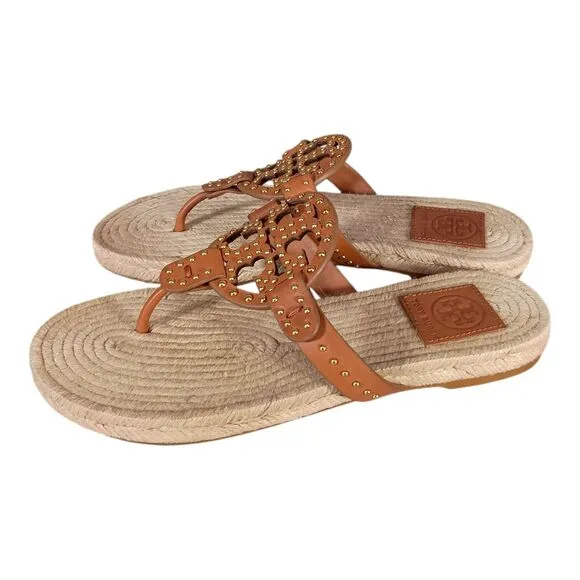 Tory Burch Miller Studded Espadrilles Tan Leather Gold Sandal Flat Flip Flop 8