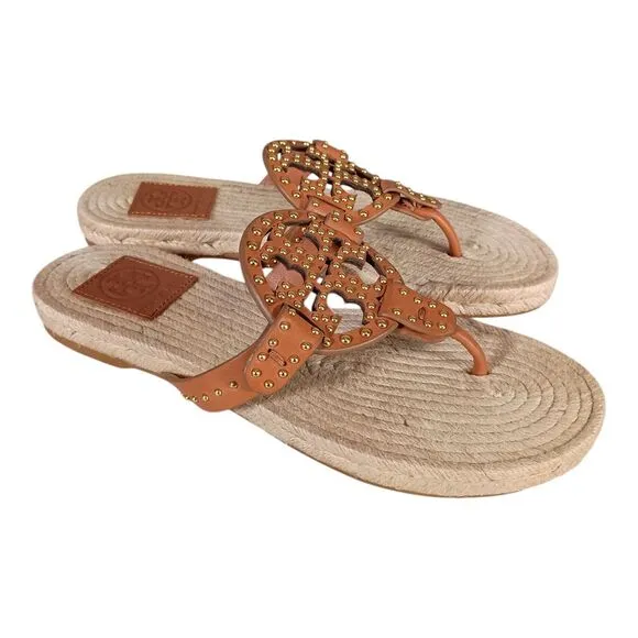 Tory Burch Miller Studded Espadrilles Tan Leather Gold Sandal Flat Flip Flop 8