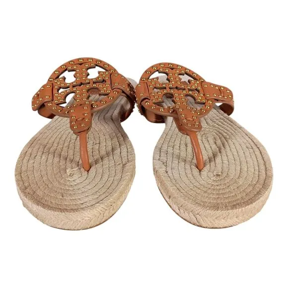 Tory Burch Miller Studded Espadrilles Tan Leather Gold Sandal Flat Flip Flop 8