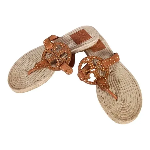 Tory Burch Miller Studded Espadrilles Tan Leather Gold Sandal Flat Flip Flop 8