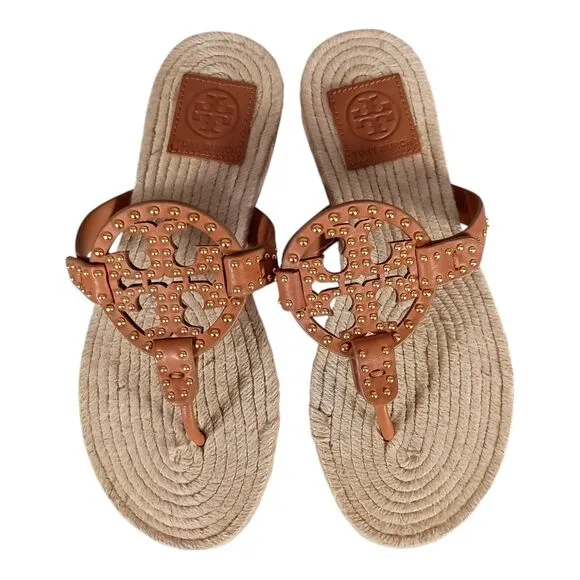 Tory Burch Miller Studded Espadrilles Tan Leather Gold Sandal Flat Flip Flop 8
