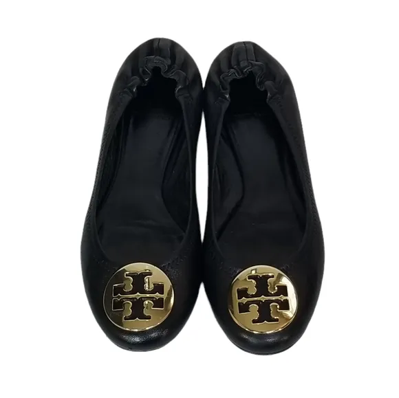 Tory Burch Reva Black Leather Ballet Ballerina Flats Gold Hardware Size 7.5 M