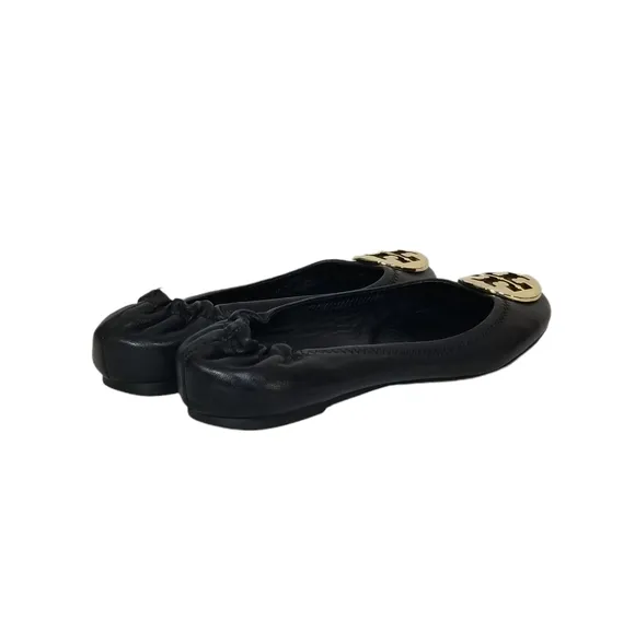 Tory Burch Reva Black Leather Ballet Ballerina Flats Gold Hardware Size 7.5 M