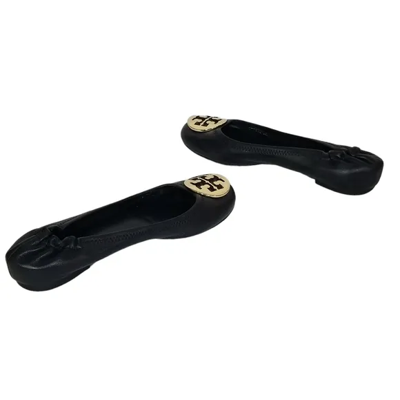 Tory Burch Reva Black Leather Ballet Ballerina Flats Gold Hardware Size 7.5 M