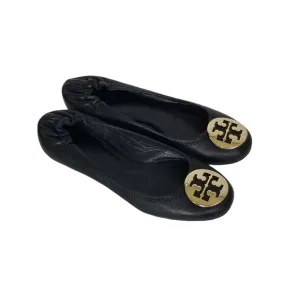 Tory Burch Reva Black Leather Ballet Ballerina Flats Gold Hardware Size 7.5 M
