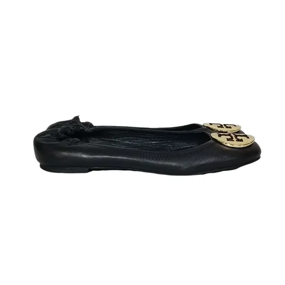 Tory Burch Reva Black Leather Ballet Ballerina Flats Gold Hardware Size 7.5 M