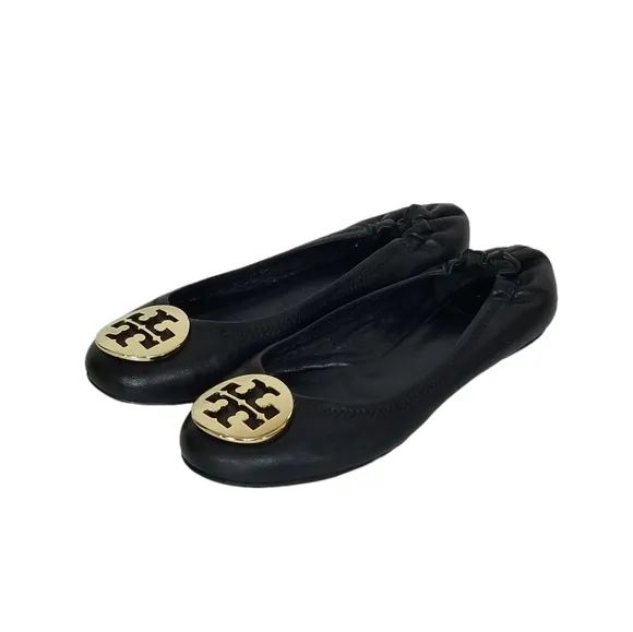 Tory Burch Reva Black Leather Ballet Ballerina Flats Gold Hardware Size 7.5 M