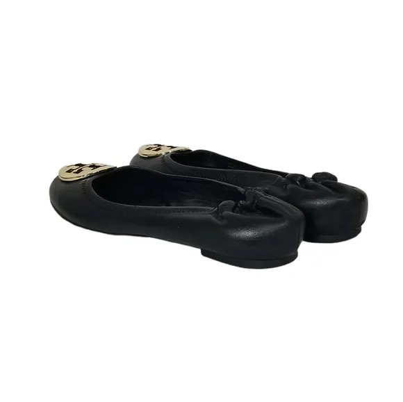 Tory Burch Reva Black Leather Ballet Ballerina Flats Gold Hardware Size 7.5 M